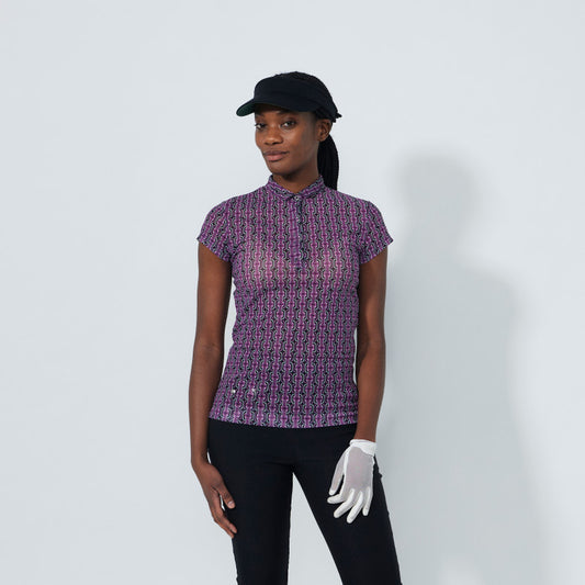 Daily Sports Abstract Fusion Breeze Delusion Black Print Cap Sleeve Mesh Polo