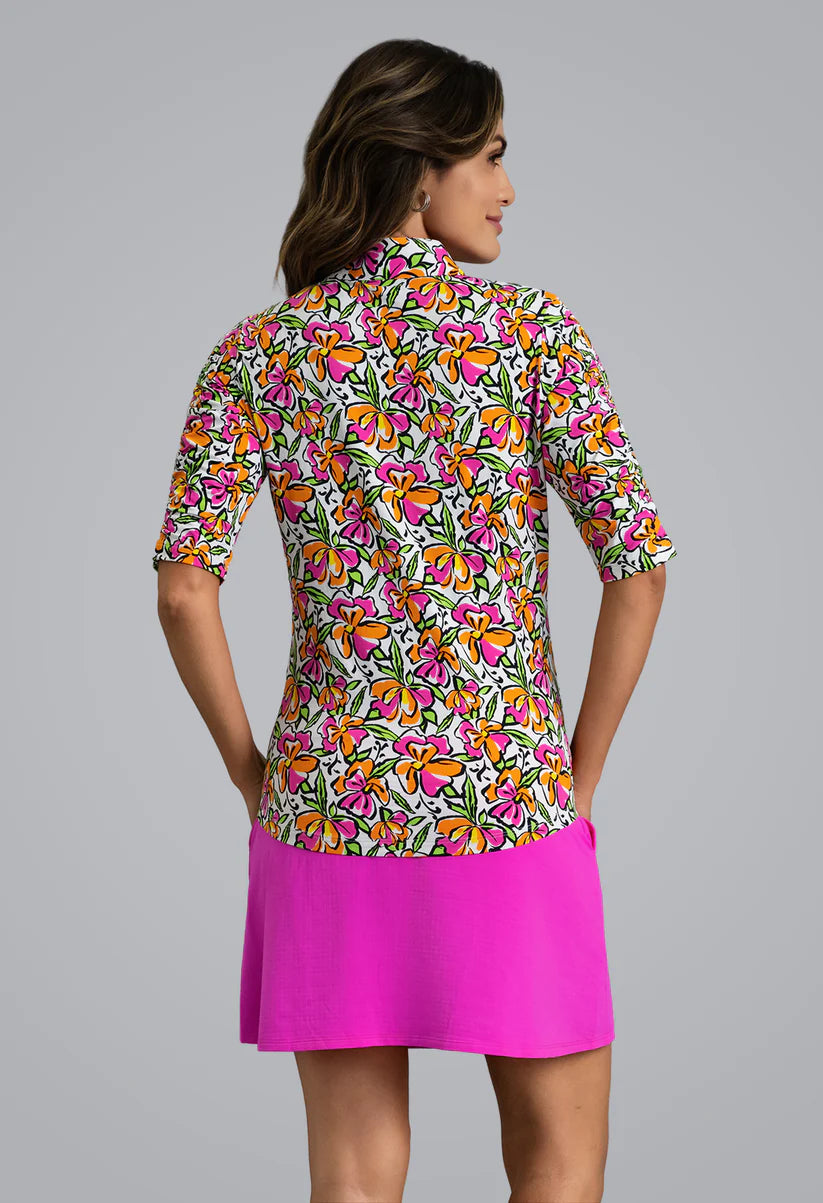 IBKUL Sonia Ruched Mandarin Collar Elbow Sleeve (Multiple Colors)