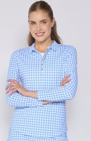 G Lifestyle BUTTON DOWN LONG SLEEVE POLO in BRIGHT PERI HOUNDSTOOTH