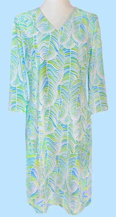 Katherine Way Brisbane 3/4 Length Sleeve V-Neck Dress 35" in Palms Green