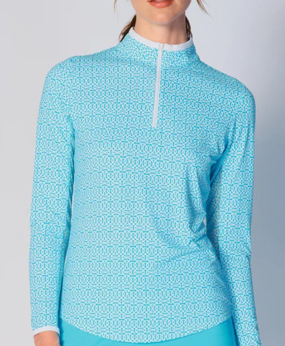 G Lifestyle SPRING Color Block Trim Quarter Zip Long Sleeve Top In Cubic Caribbean Turquoise