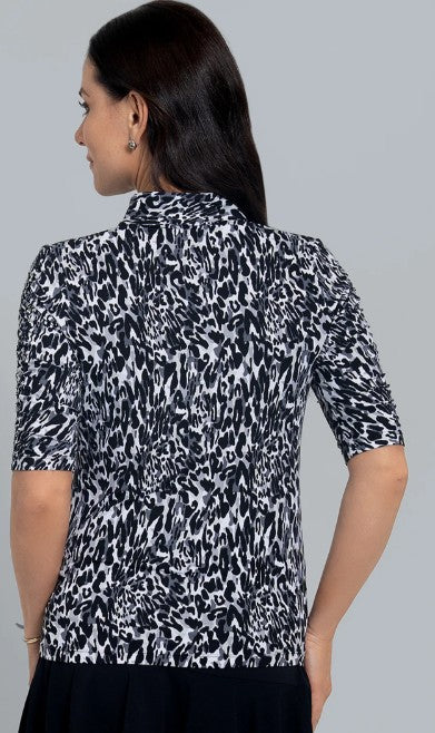 IBKUL Karen Print Ruched Elbow Sleeve Mandarin Collar Top (Multiple Colors)