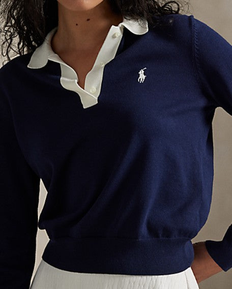 Ralph Lauren RLX LONG-SLEEVE COTTON BLEND POLO W/ 4-BUTTON PLACKET SWEATER