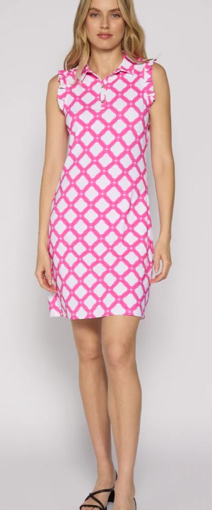 G Lifestyle Polo MOORBOARD Sleeveless Dress With Gold Buttons in Circle Geo Hot Pink