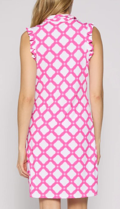 G Lifestyle Polo MOORBOARD Sleeveless Dress With Gold Buttons in Circle Geo Hot Pink