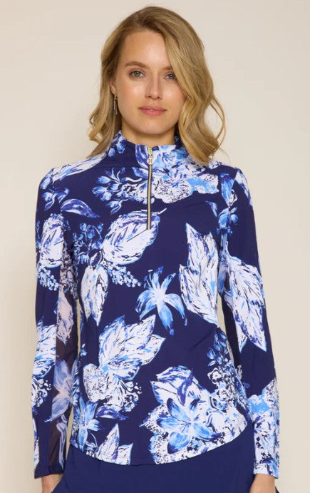 G Lifestyle MOORBOARD Quarter Zip Sun Protection Long Sleeve Top In Blue Lily