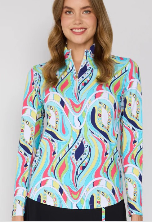 G Lifestyle Quarter Zip Long Sleeve Top in Turquoise Mirage