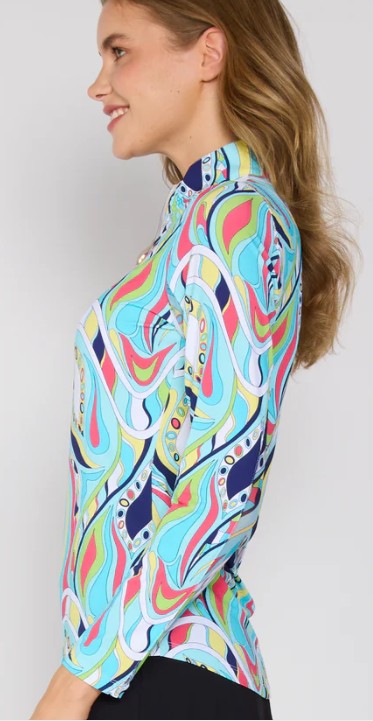 G Lifestyle Quarter Zip Long Sleeve Top in Turquoise Mirage