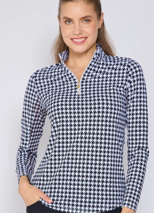 G Lifestyle Quarter Zip Long Sleeve Houndstooth Top (Multiple Colors)