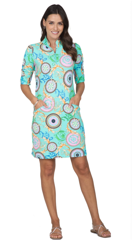 IBKUL Debbie Print Ruched Elbow Length Sleeve Dress