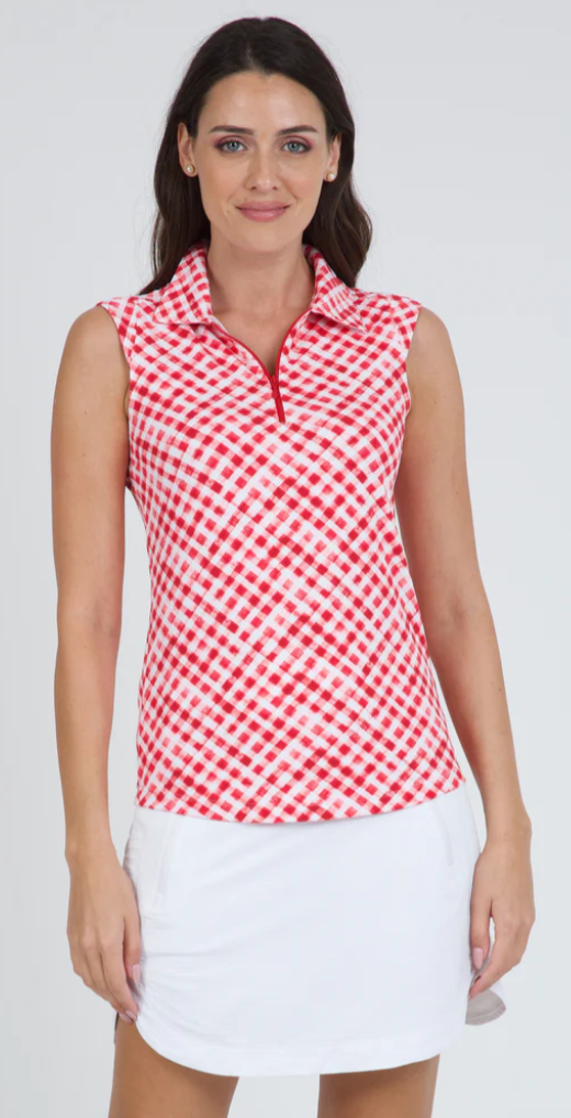 IBKUL Gingham Check Print Sleeveless Polo (Multiple Colors)
