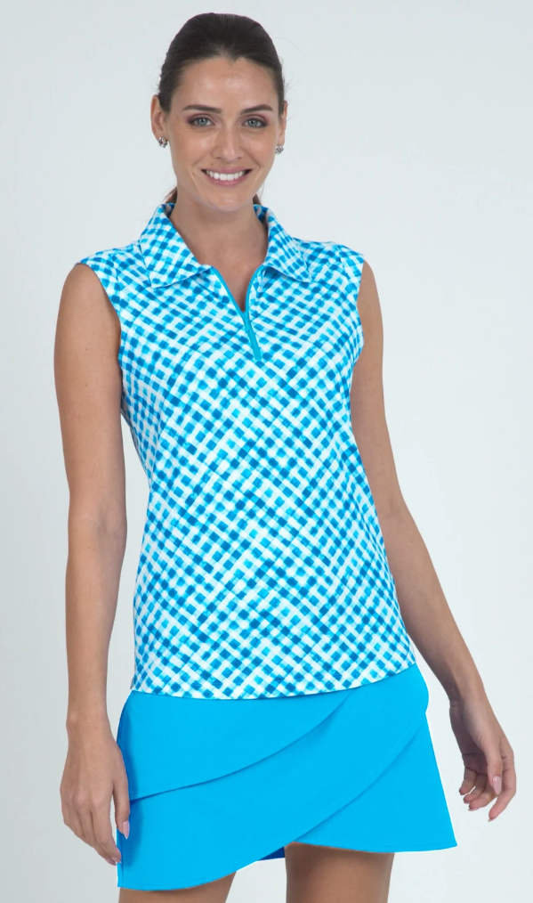IBKUL Gingham Check Print Sleeveless Polo (Multiple Colors)