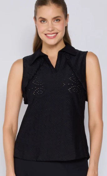 G Lifestyle Sleeveless Ruffle Polo Top Black Eyelet