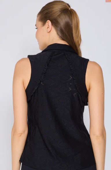 G Lifestyle Sleeveless Ruffle Polo Top Black Eyelet