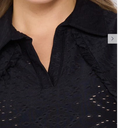 G Lifestyle Sleeveless Ruffle Polo Top Black Eyelet