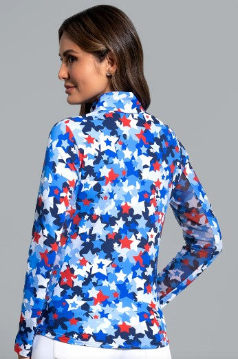 IBKUL Star Spangle Print Long Sleeve Mock Neck Top
