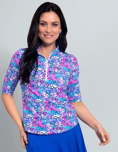 IBKUL Allana Print Ruched Elbow Sleeve Mandarin Collar Top (Multiple Colors)