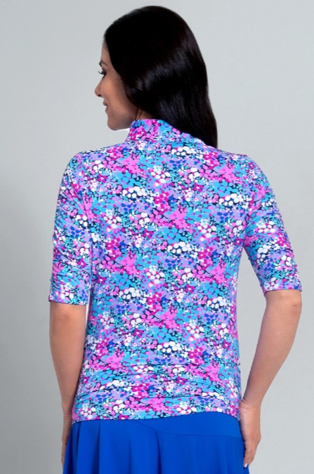 IBKUL Allana Print Ruched Elbow Sleeve Mandarin Collar Top (Multiple Colors)