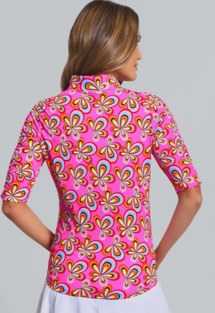 IBKUL Arya Print Ruched Elbow Sleeve Mandarin Collar Top (Multiple Colors)