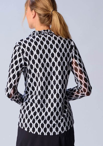 G Lifestyle MOODBOARD Long Sleeve Ruffle Collar Top with Gold Buttons in Diamond Geo Black