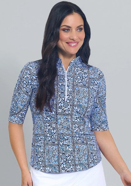 IBKUL Josie Print Ruched Elbow Sleeve Mandarin Collar Top (Multiple Colors)