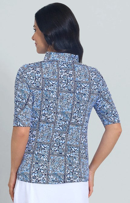 IBKUL Josie Print Ruched Elbow Sleeve Mandarin Collar Top (Multiple Colors)