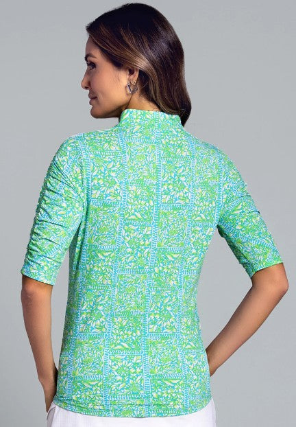 IBKUL Josie Print Ruched Elbow Sleeve Mandarin Collar Top (Multiple Colors)