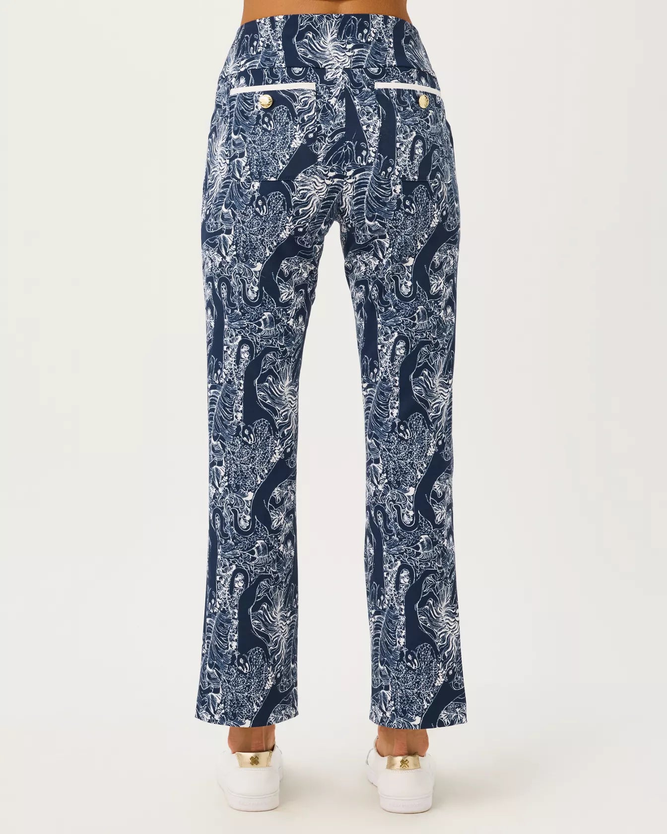 LILLY PULITZER Corso Kick Flare Ankle Pant 28" in Low Tide Navy Lil Palm Prowl Golf