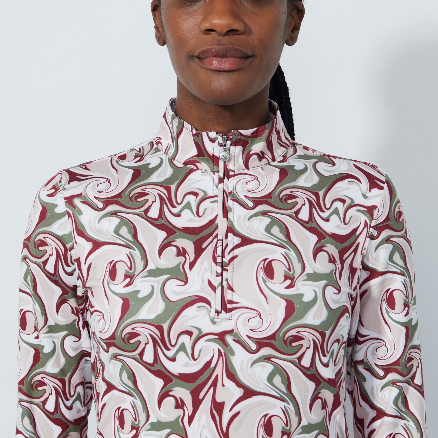 Daily Sports Abstract Fusion Swirl Print Peached Half Neck Long Sleeve Polo