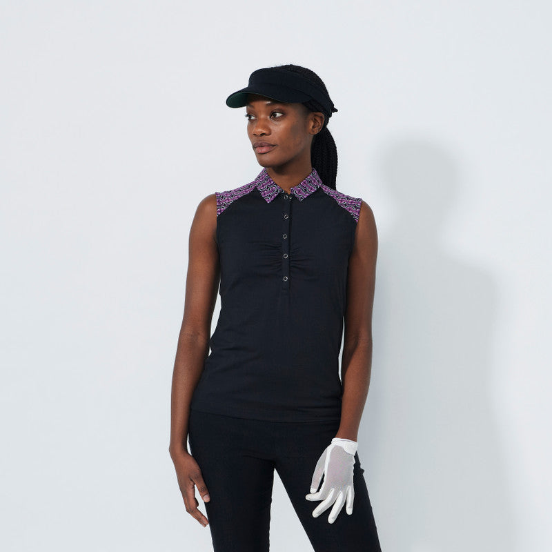 Daily Sports Abstract Fusion Black Gathered Sleeveless Polo