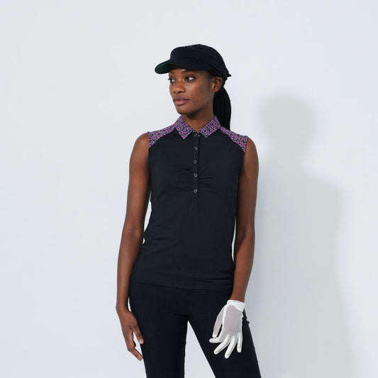 Daily Sports Abstract Fusion Black Gathered Sleeveless Polo
