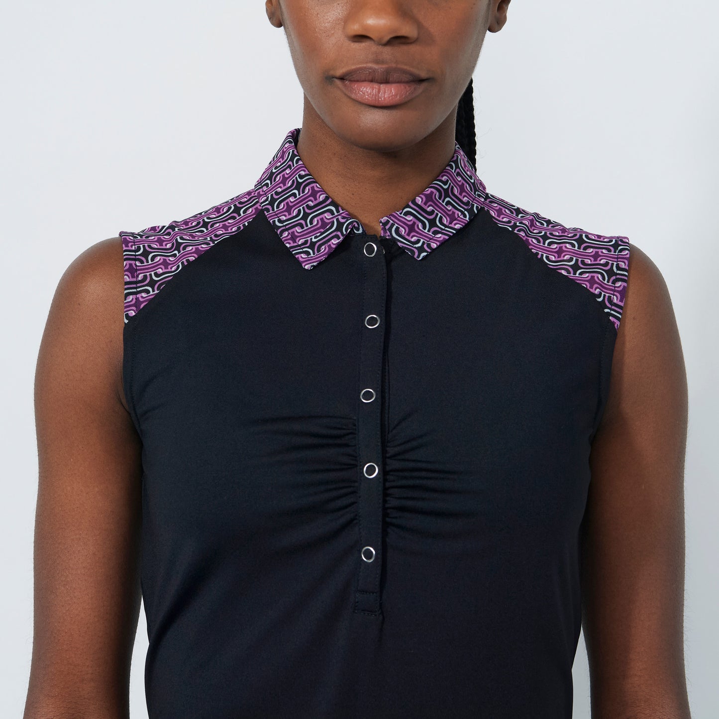 Daily Sports Abstract Fusion Black Gathered Sleeveless Polo