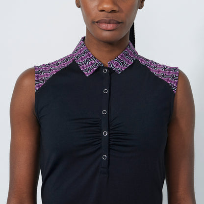 Daily Sports Abstract Fusion Black Gathered Sleeveless Polo