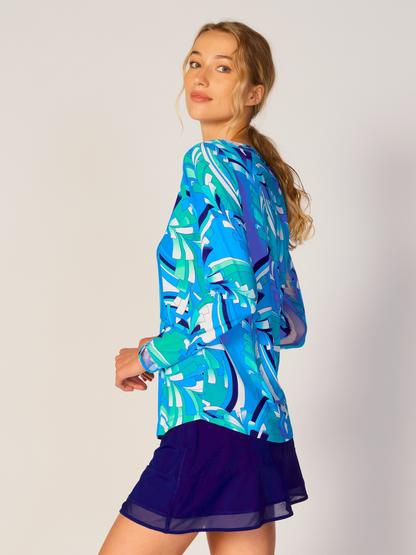 G Lifestyle SPRING Mesh Block Long Sleeve Top in Blue St Barths