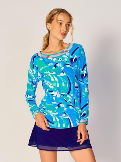 G Lifestyle SPRING Mesh Block Long Sleeve Top in Blue St Barths