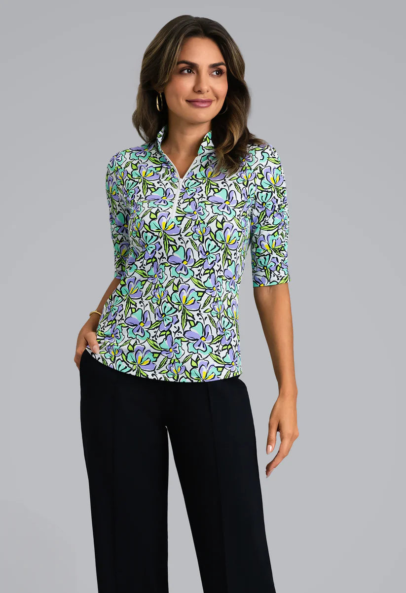 IBKUL Sonia Ruched Mandarin Collar Elbow Sleeve (Multiple Colors)