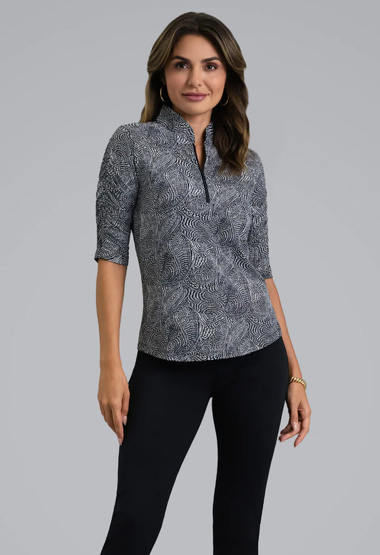 IBKUL Stephanie Ruched Mandarin Collar Elbow Sleeve (Multiple Colors)