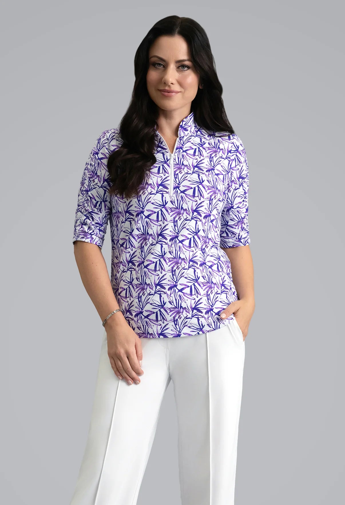 IBKUL Norma Ruched Mandarin Collar Elbow Sleeve (Multiple Colors)