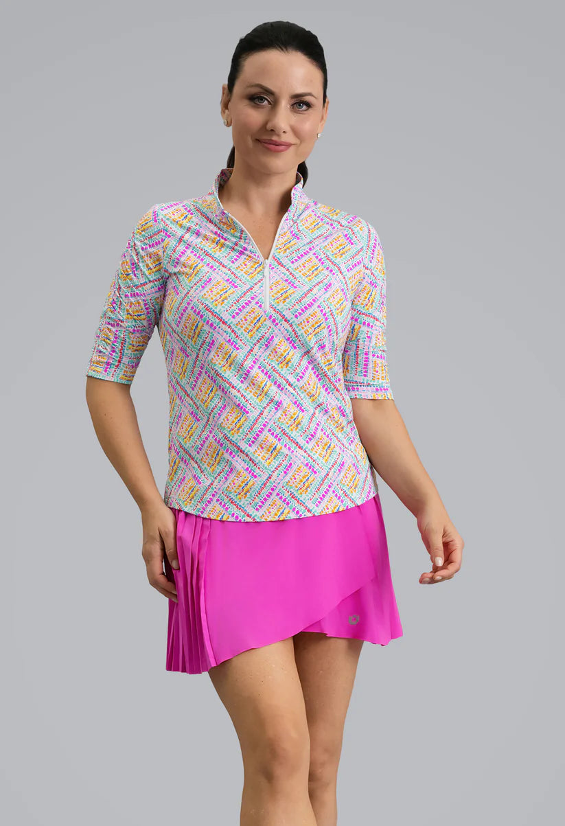 IBKUL Nina Ruched Mandarin Collar Elbow Sleeve (Multiple Colors)