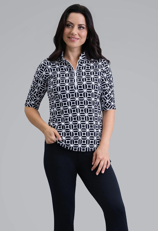 IBKUL Carolyn Ruched Elbow Sleeve Mandarin Collar Top (Multiple Colors)