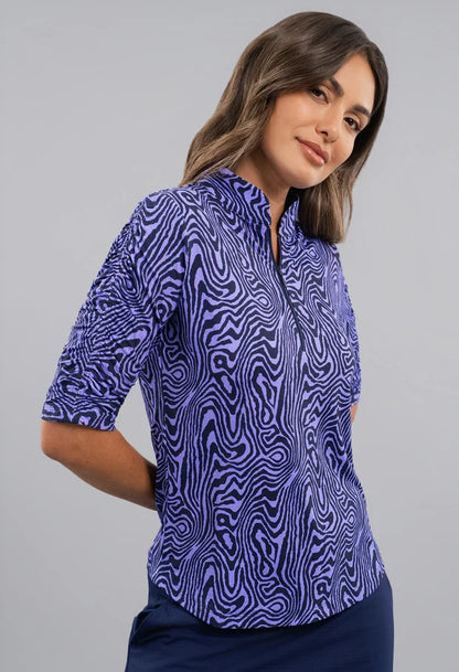 IBKUL Courtney Ruched Elbow Sleeve Mandarin Collar Top (Multiple Colors)
