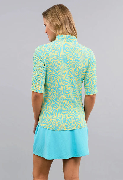 IBKUL Courtney Ruched Elbow Sleeve Mandarin Collar Top (Multiple Colors)