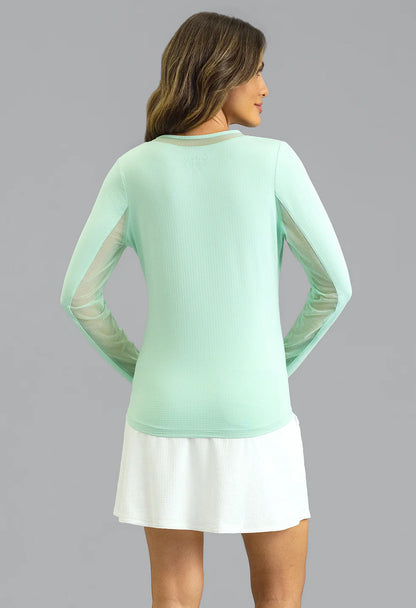 IBKUL Pool Party Solid Long Sleeve Crew Neck Top With Mesh