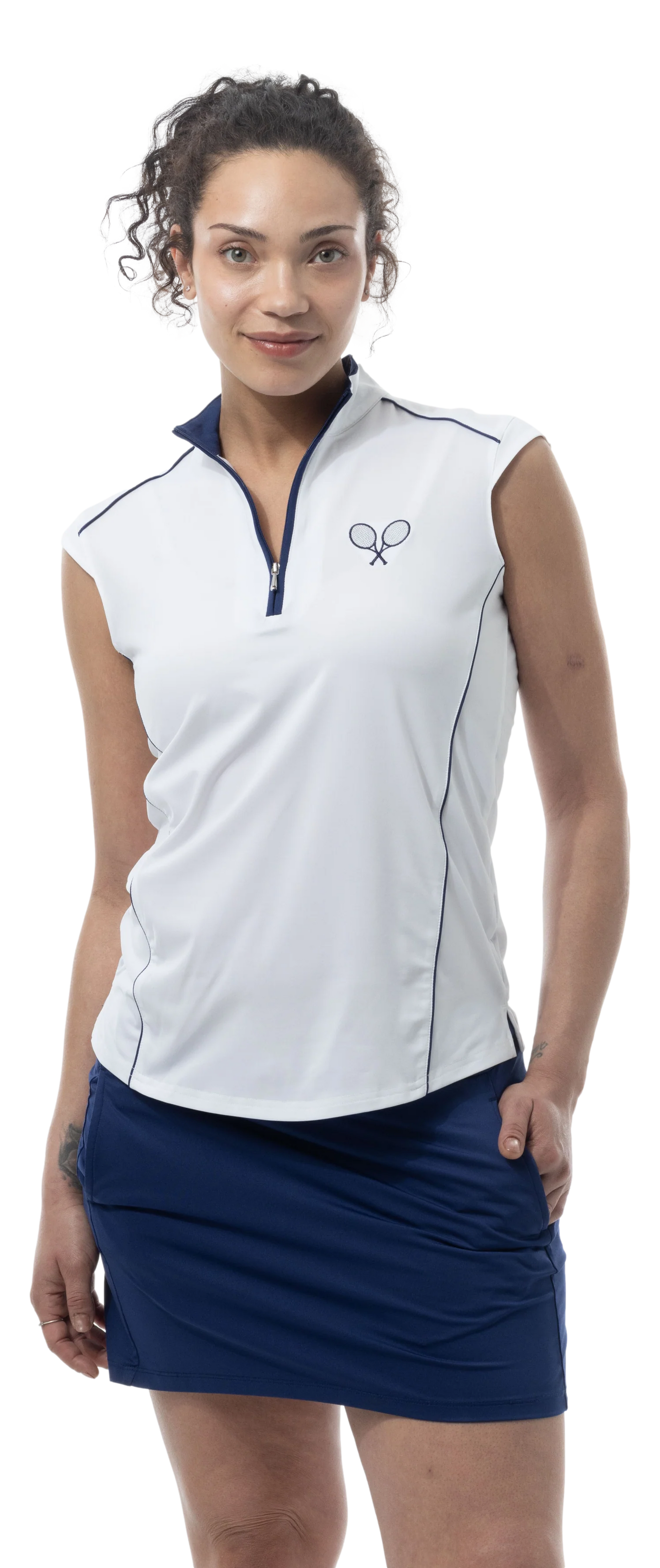 SanSoleil SolCool Tennis Emblem Sleeveless Mock Neck