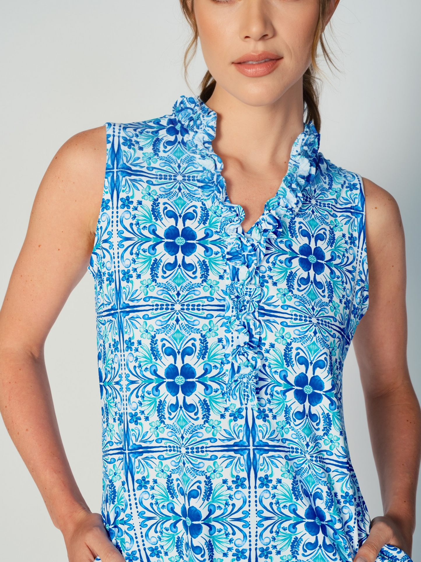 G Lifestyle Sleeveless Ruffle Sun Dress in Blue Tile
