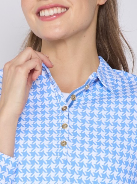 G Lifestyle BUTTON DOWN LONG SLEEVE POLO in BRIGHT PERI HOUNDSTOOTH