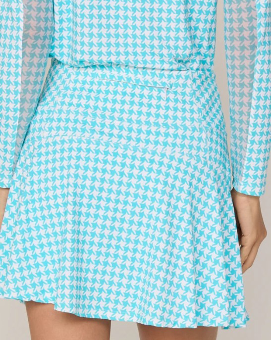 G Lifestyle Back Yoke Ruffle Skort 16" in Caribbean Turquoise Houndstooth
