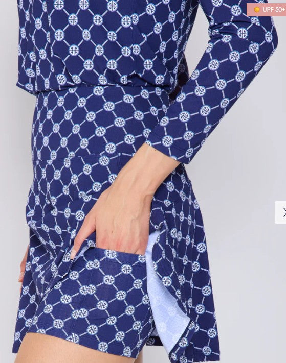 G Lifestyle Back Yoke Ruffle Skort 16" in Navy Lifestyle Geo