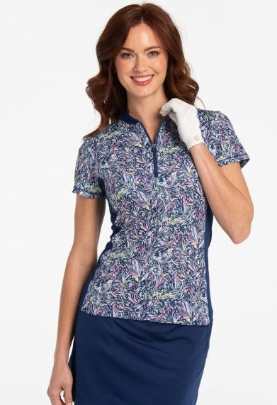 EPNY FEELIN GROOVY CAP SLEEVE PAISLEY MANDARIN POLO