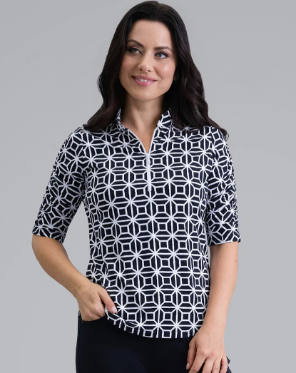 IBKUL Carolyn Ruched Elbow Sleeve Mandarin Collar Top (Multiple Colors)